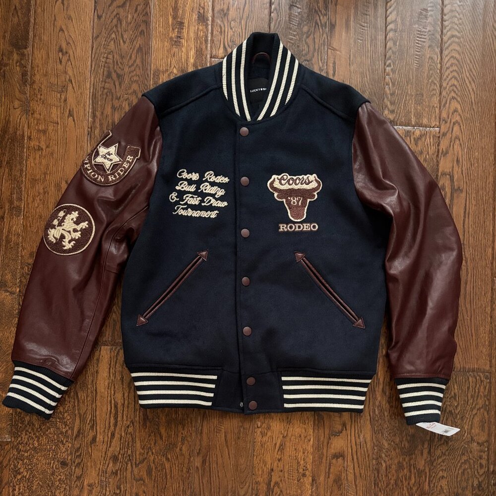 Lucky Brand Coors Rodeo Embroidered Patches Varsity Wool & Leather Jacket Mens S